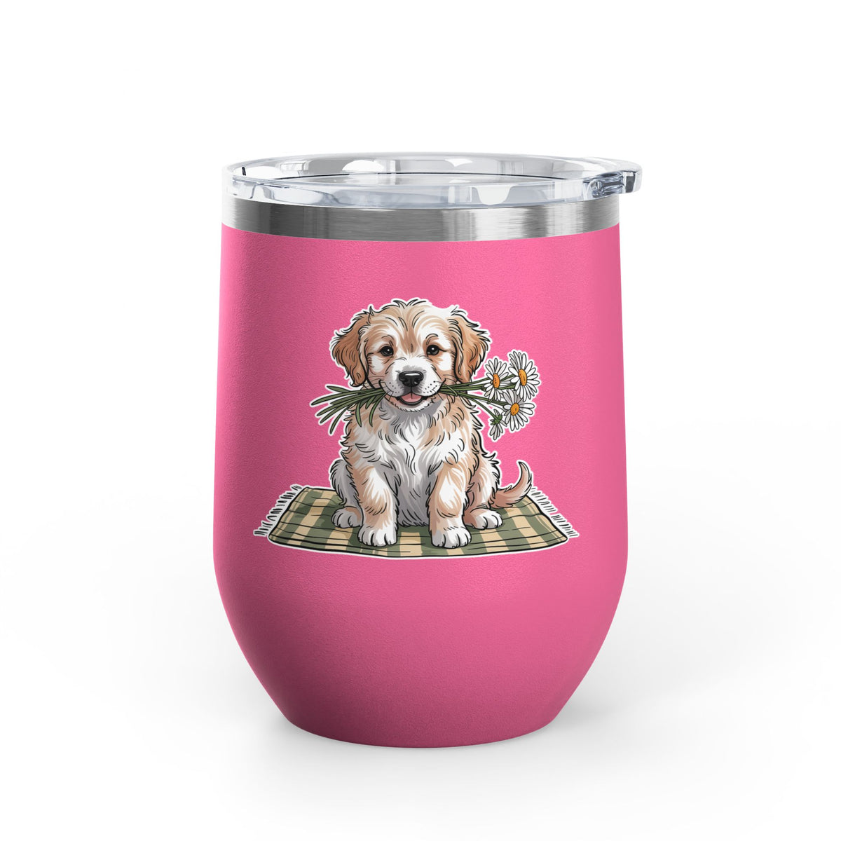 Golden Puppy Wine Tumbler, Cute Dog and Flower Cup, Gift for Dog Moms, Puppy Lovers, Pet Parents and Animal Lovers