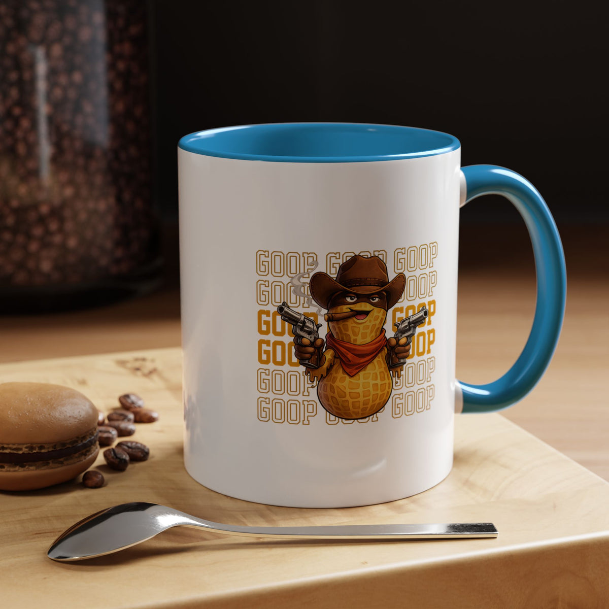 Good Repeating Slogan Cowboy Peanut Mug, Funny Western Office Joke Gift for Coworkers, Sarcastic Outlaw Ceramic Tea Cup with Dark Blue Handle