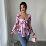 Sweet Floral Ombre Tie-Back Square Neck Long Sleeve Blouse