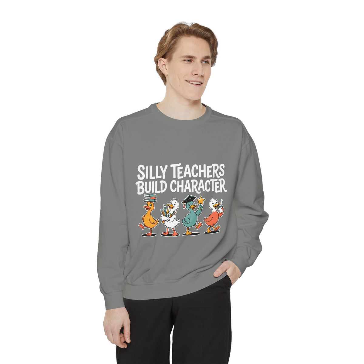 Funny Teacher Comfort Colors Sweatshirt, Silly Teachers Build Character Graphic Sweatshirt, Teacher Appreciation Gift for Educators