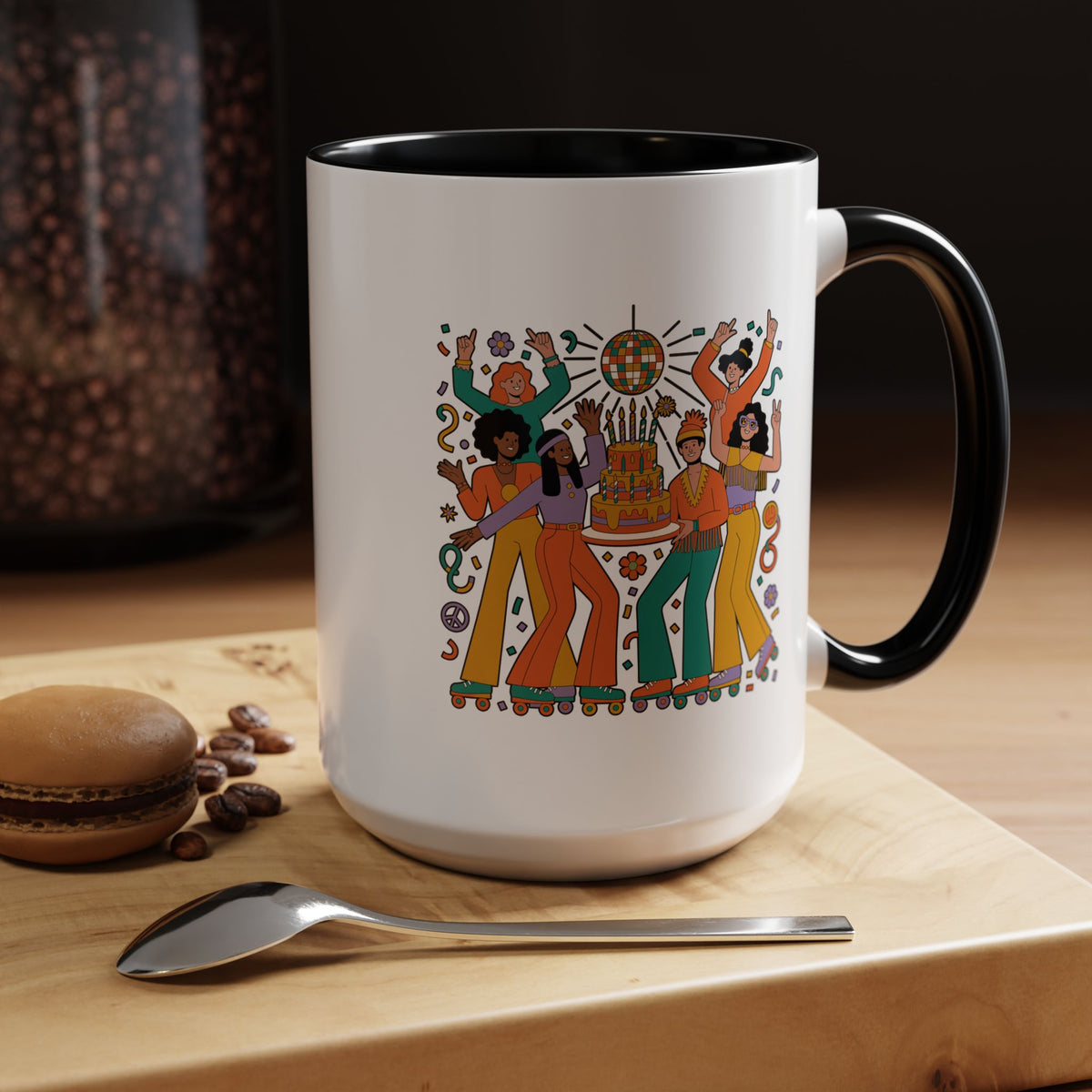 Retro Disco Birthday Coffee Mug, 70s Roller Skating Party Design, Groovy Gift for a Skater Friend Who Loves Colorful Nostalgic Drinkware
