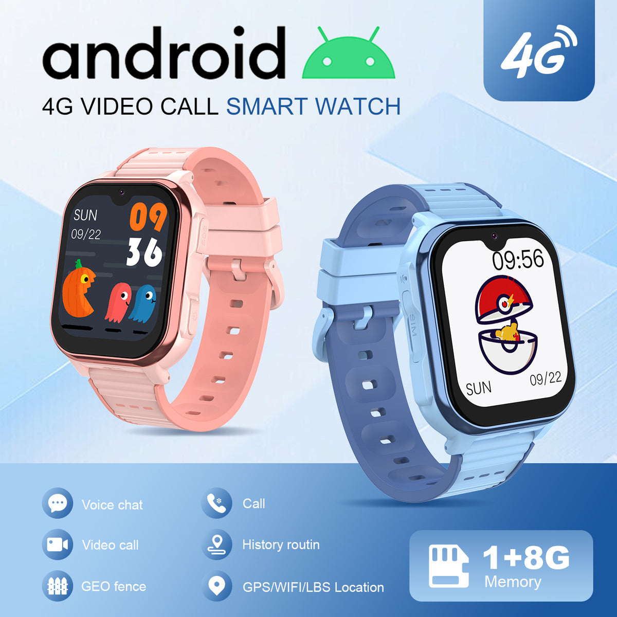 Pink and blue kids smart watch with square touchscreen showing time and cartoon game display
