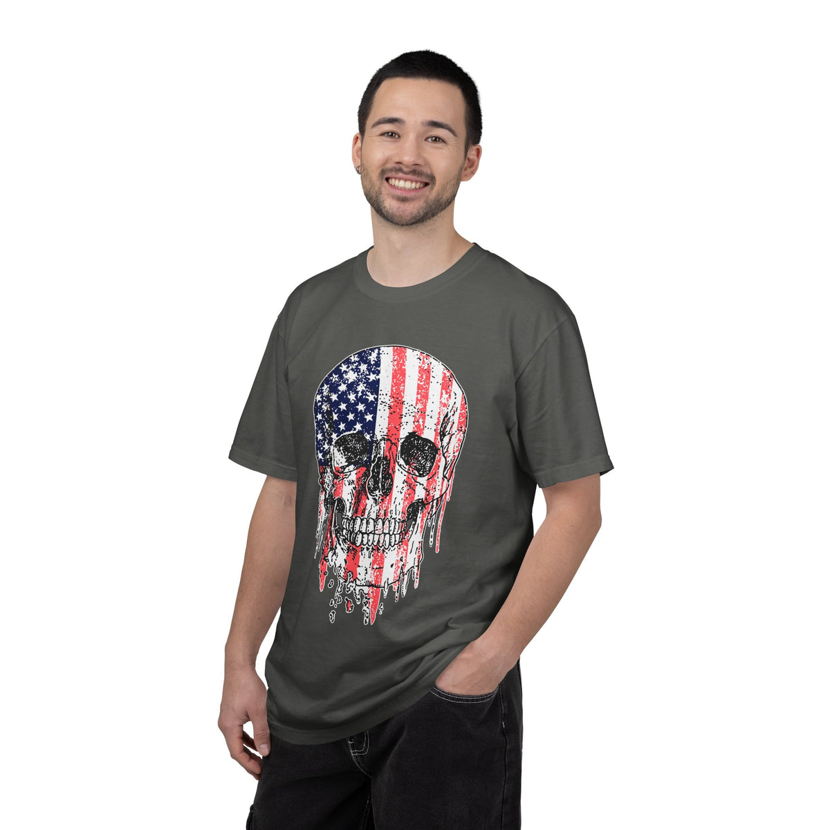 American Flag Skull Shirt, Distressed Patriotic Graphic for Biker Outfits, Fourth of July Style, Birthday Gift for Skull Art Lovers