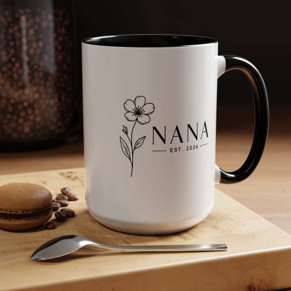 Personalized Name Mug, Floral Black Accent Coffee Cup with Custom Established Year, Grandmother Gift for Birthday, Mother's Day or Christmas