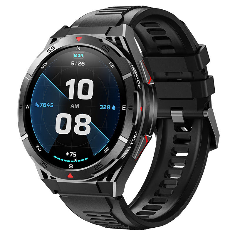 Black rugged smart watch worn on wrist, showing dual time digital display