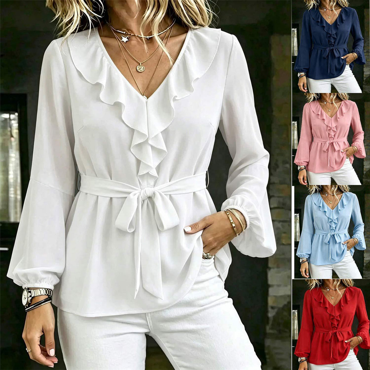 The same blouse shown in five colourways, white, navy, pink, pale blue and red, each with a cascading ruffle down the V neckline and a self tie knotted at the waist, each worn with plain white trousers.