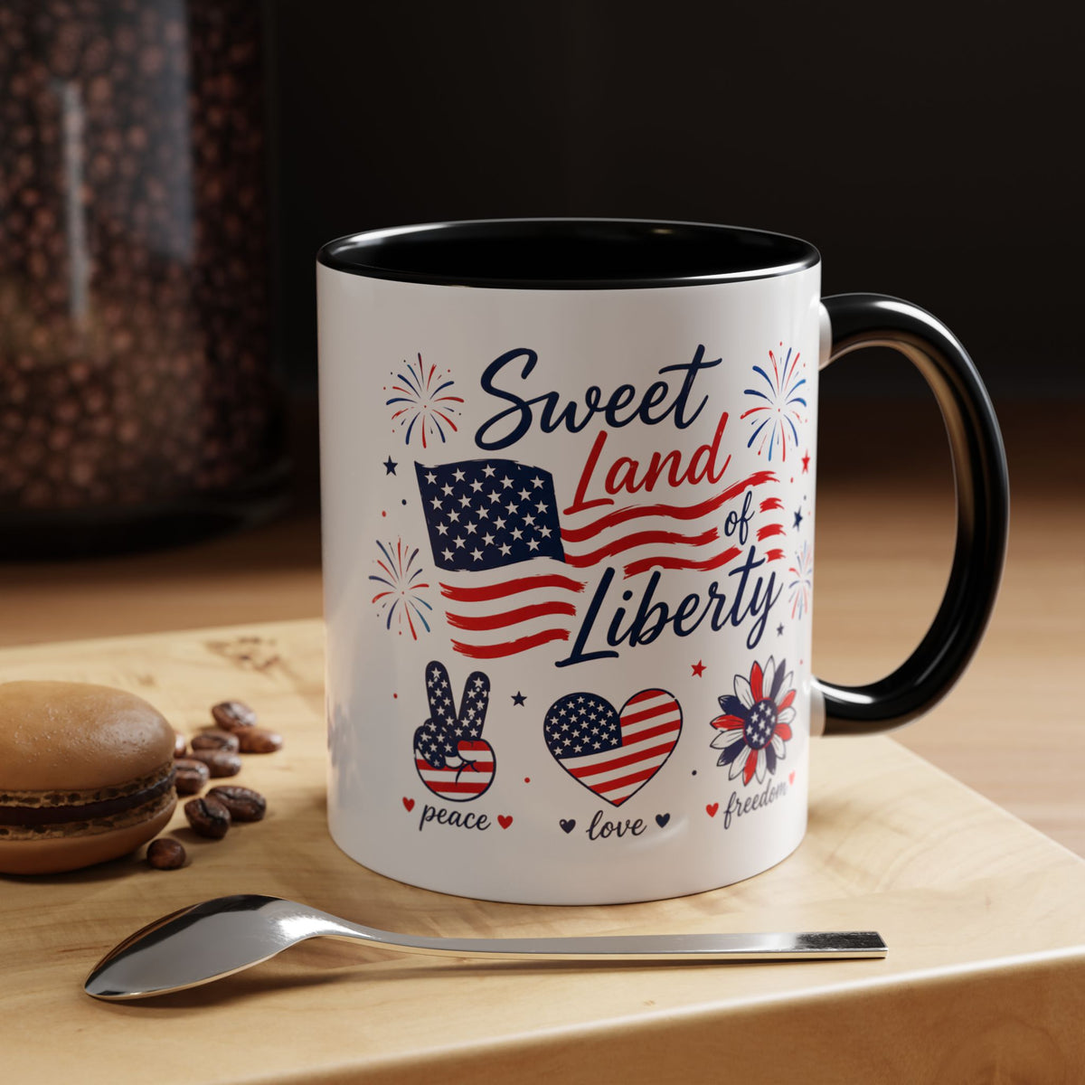 Sweet Land of Liberty Coffee Mug, Patriotic Fourth of July Mug, American Flag Heart Freedom Cup, USA Pride Gift for Women