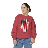 God Bless America Sweatshirt, Distressed American Flag and Cross Graphic, Patriotic Christian Gift for Church Events and Everyday Faith