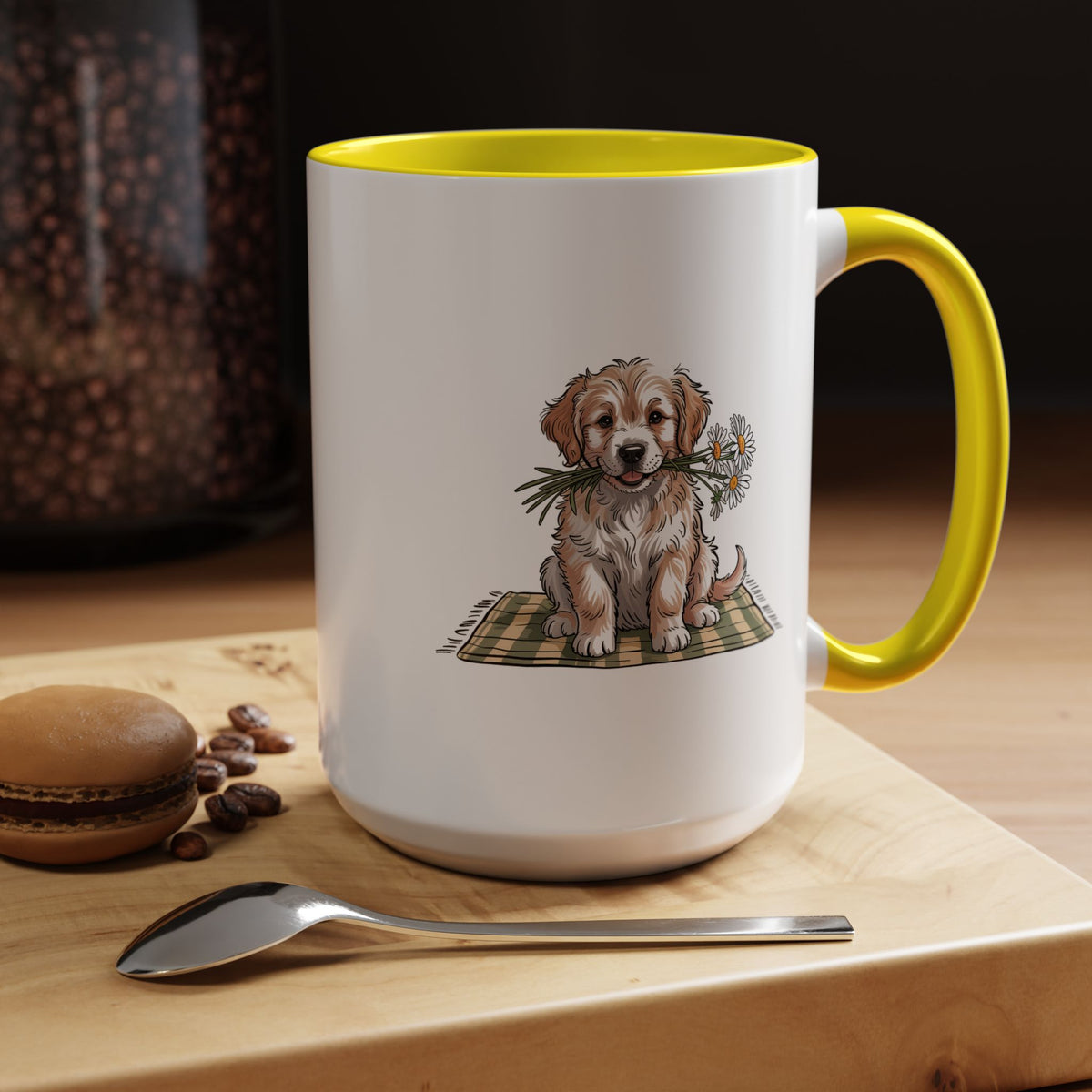 Cute Puppy Coffee Mug, Fluffy Dog Holding Daisies on a Gingham Blanket, Birthday Gift for a Dog Mom or Animal Lover Who Enjoys Cottage Style