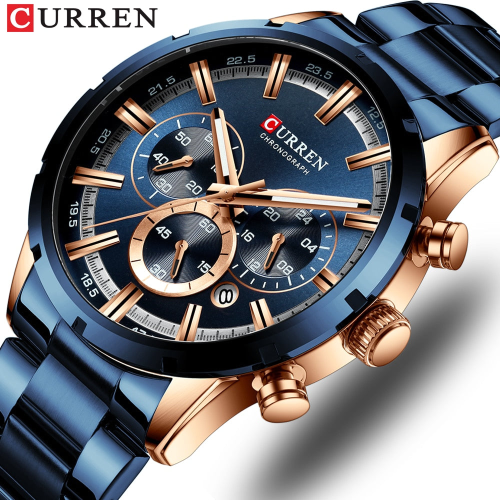 CURREN men's chronograph watch, blue dial, rose gold accents, stainless steel bracelet