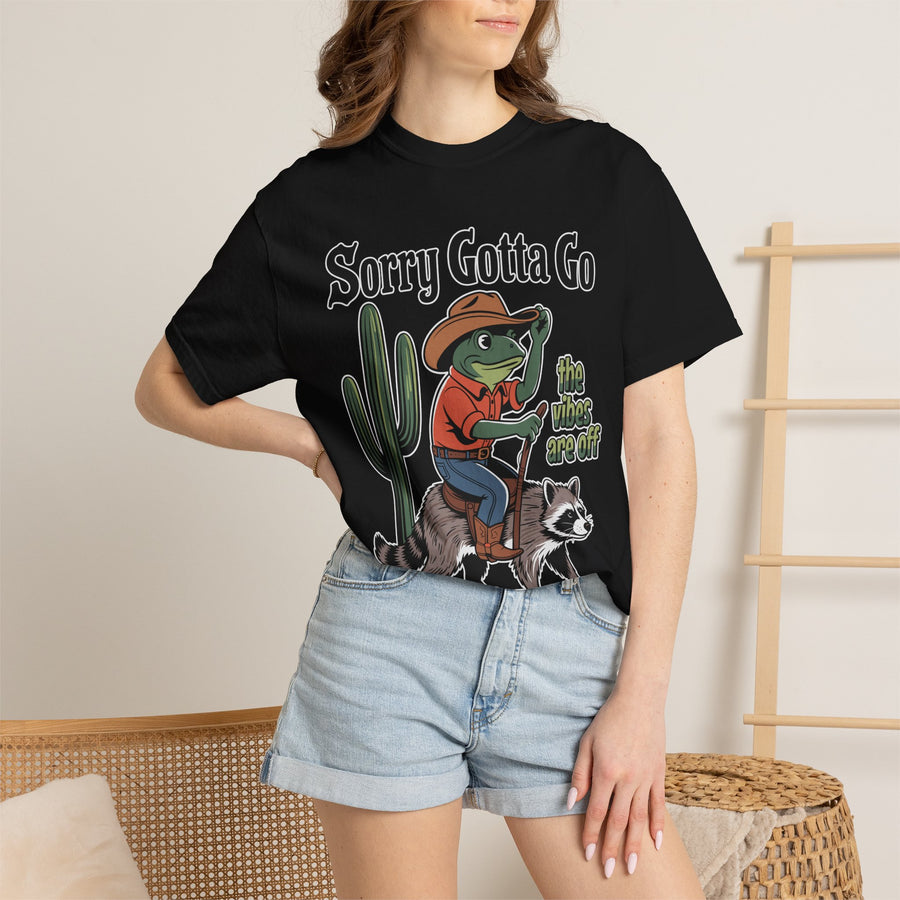 Funny Frog Cowboy Comfort Shirt, Sorry Gotta Go The Vibes Are Off Tee, Raccoon Meme Tshirt, Western Humor Shirt