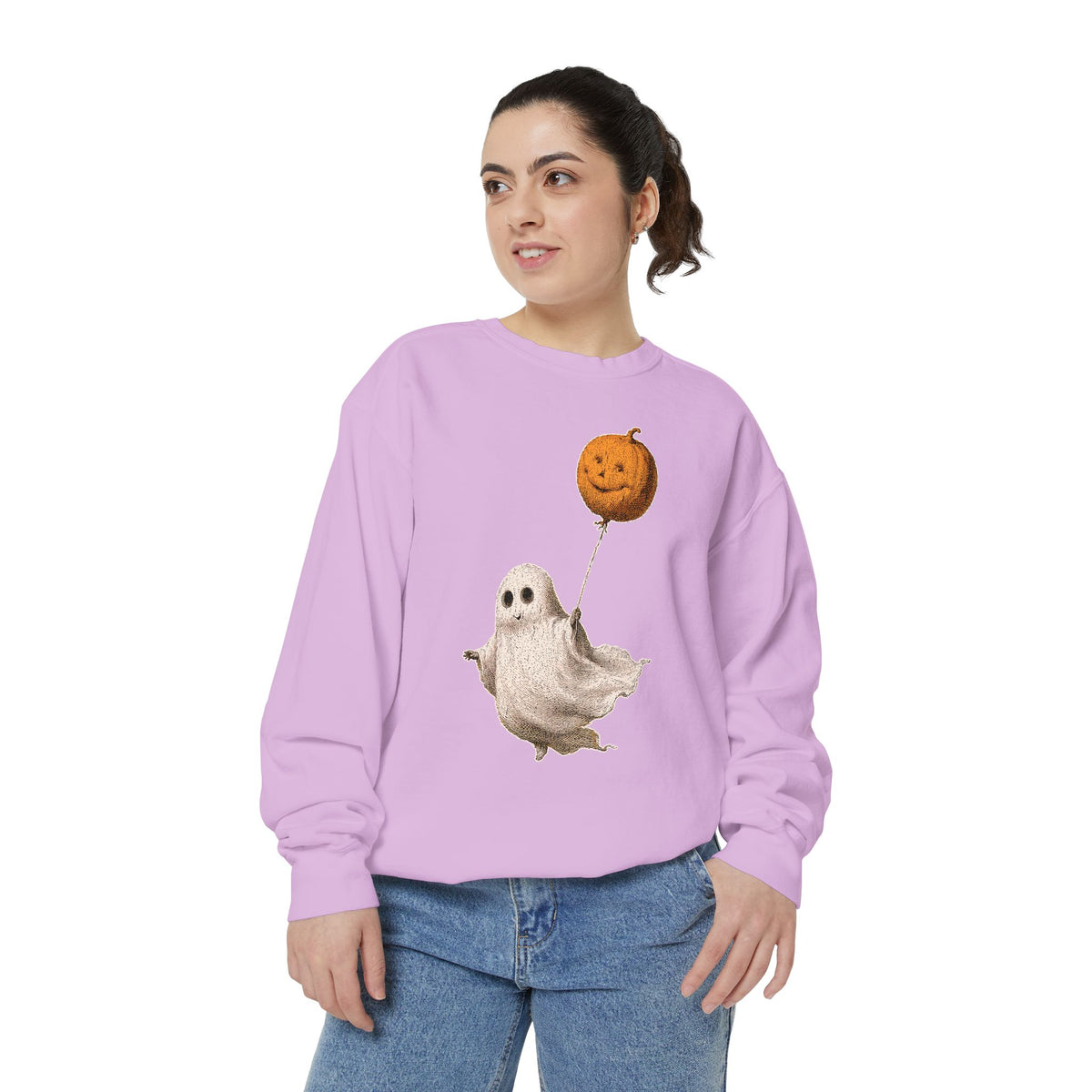 Cute Ghost Halloween Sweatshirt, Pumpkin Balloon Pullover, Vintage Spooky Season Gift for Women, Cozy October Fall Outfit for Ghost Loversv