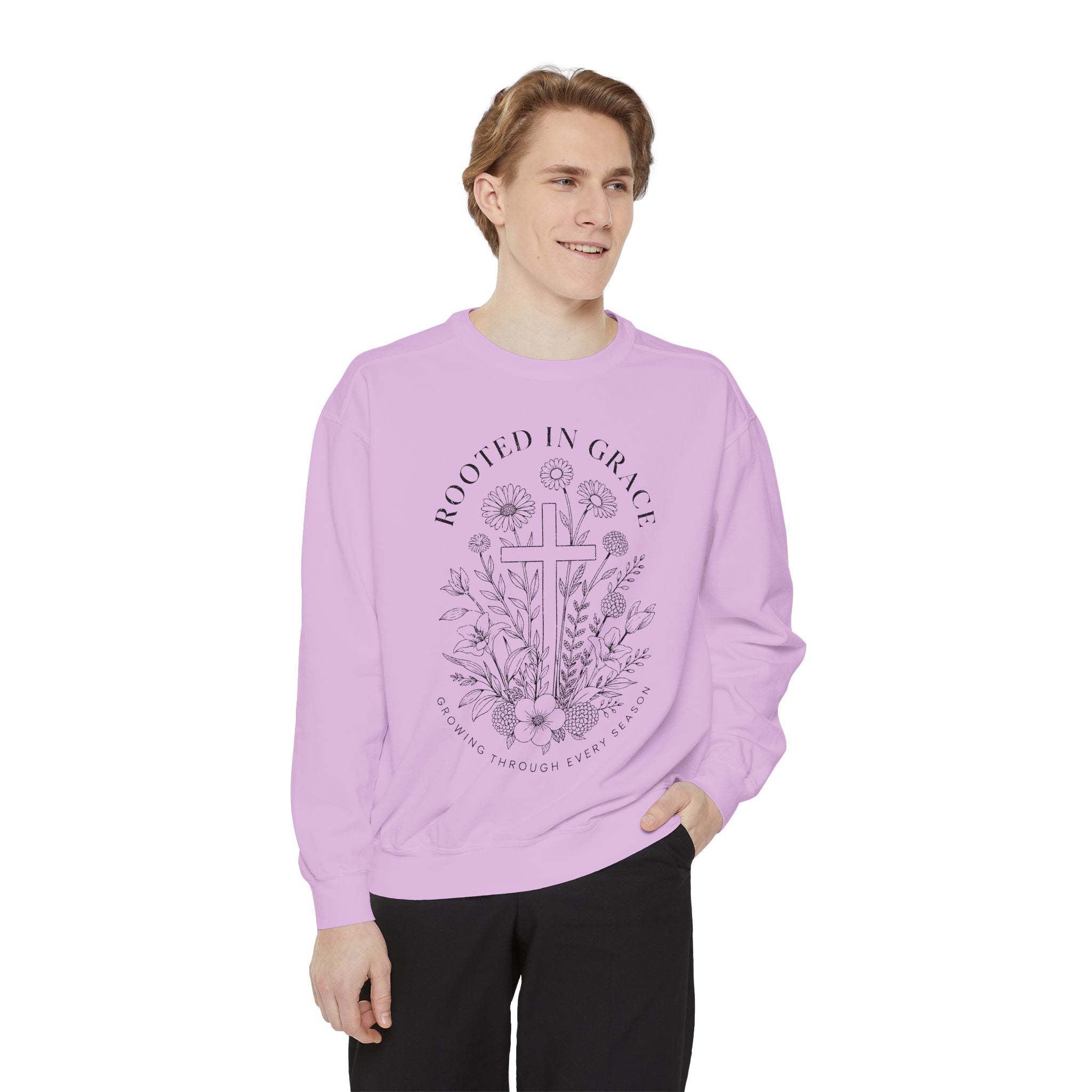 Rooted in Grace Comfort Colors Sweatshirt, Christian Floral Cross Sweatshirt, Faith Based Gift for Women, Inspirational Crewneck