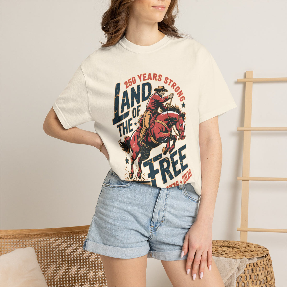 Land of the Free 250 Years Strong Comfort Colors Shirt, America 250th Anniversary Tee, Patriotic Cowboy Graphic Shirt, USA 1776-2026