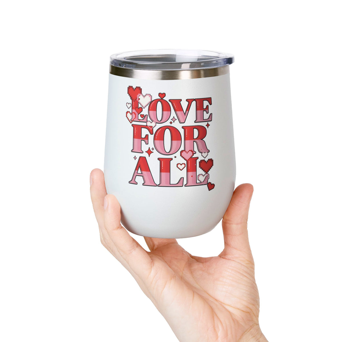 Love for All Wine Tumbler, Retro Pixel Heart Drinkware, Cute Valentine Gift for Her, Romantic Anniversary Present, Colorful Love Cup