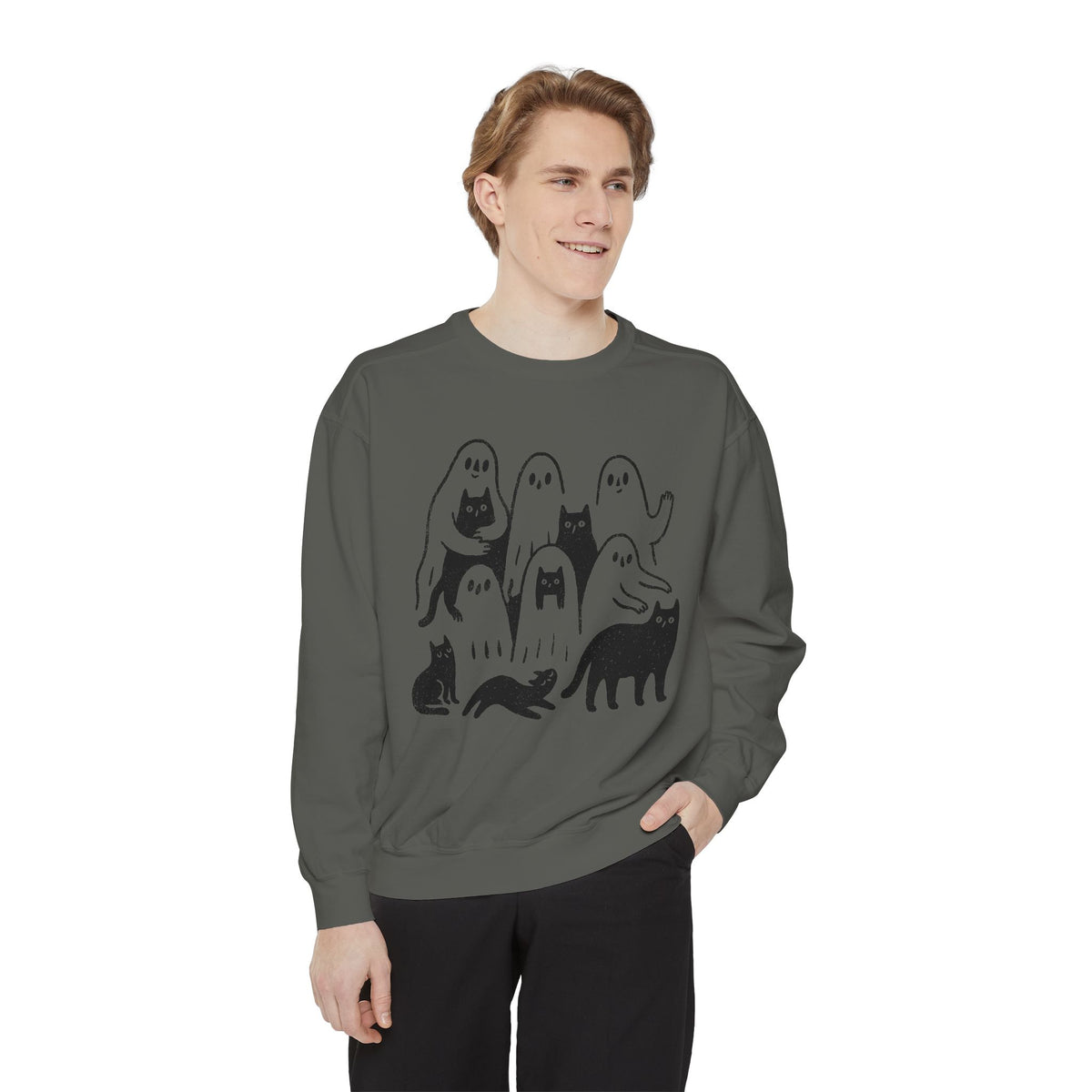 Ghost Cat Halloween Sweatshirt, Cute Spooky Cats and Ghosts Pullover, Cozy Pet Lover Gift, Minimal Black and White Fall Outfit for Women