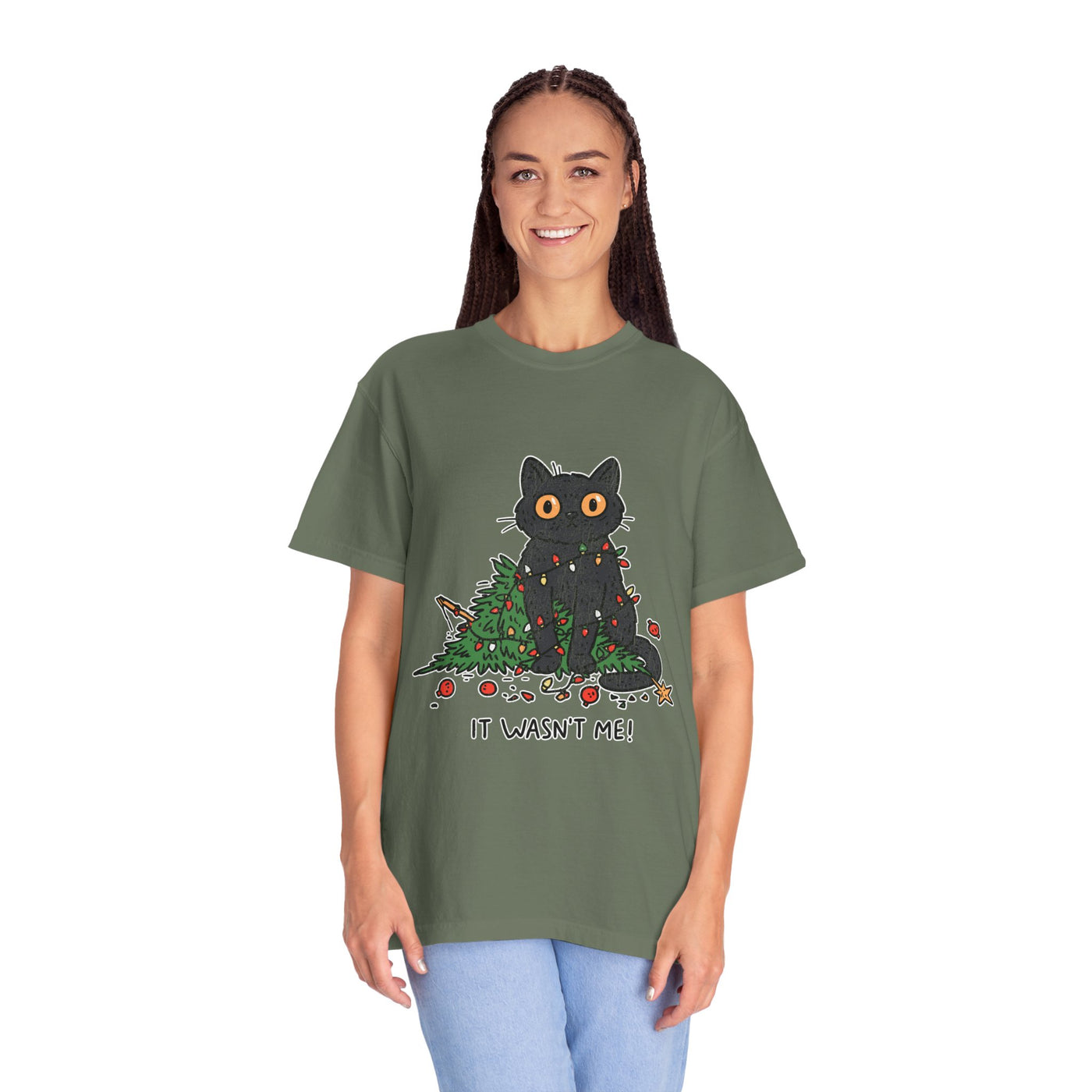 It Wasn't Me Black Cat Christmas Shirt, Funny Holiday T-Shirt, Mischievous Kitty Lights Tee, Gift for Cat Mom, Cat Dad, Christmas Party Top