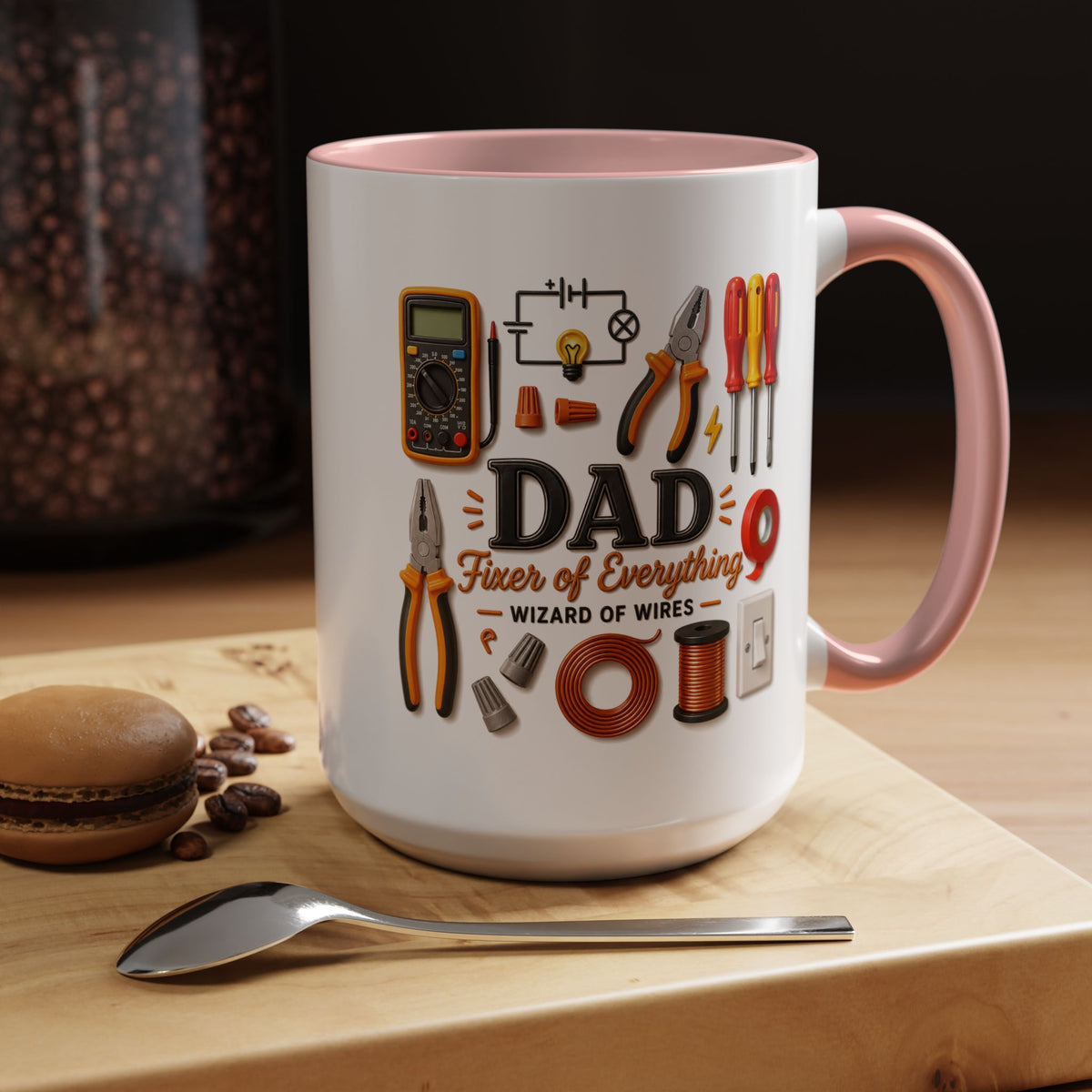 Electrician Dad Fixer of Everything Coffee Mug, Father's Day Gift for Electricians, Lineman Papa Handyman Ceramic Tea Cup with Black Handle