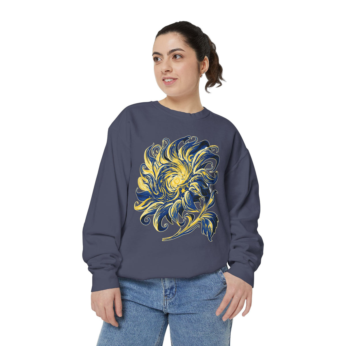 Celestial Sun Graphic Sweatshirt, Blue and Gold Cosmic Pullover, Mystical Night Sky Top, Astrology Gift for Stargazers and Dreamers