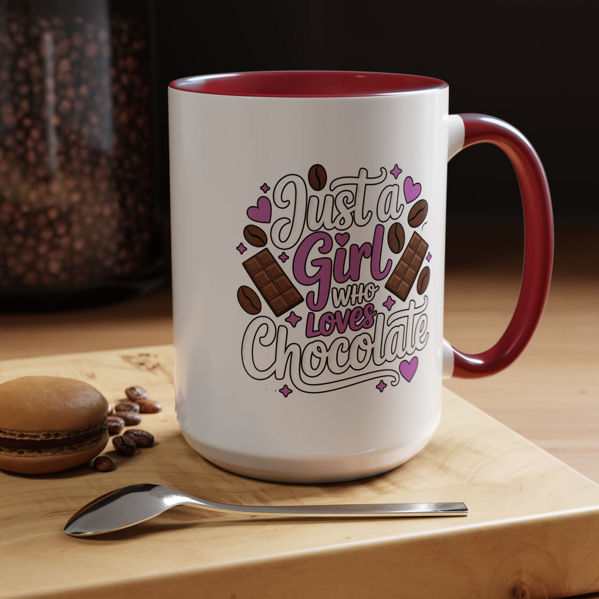 Chocolate Lover Coffee Mug, Just a Girl Who Loves Chocolate Quote, Purple Hearts and Cocoa Design, Sweet Birthday Gift for a Best Friend