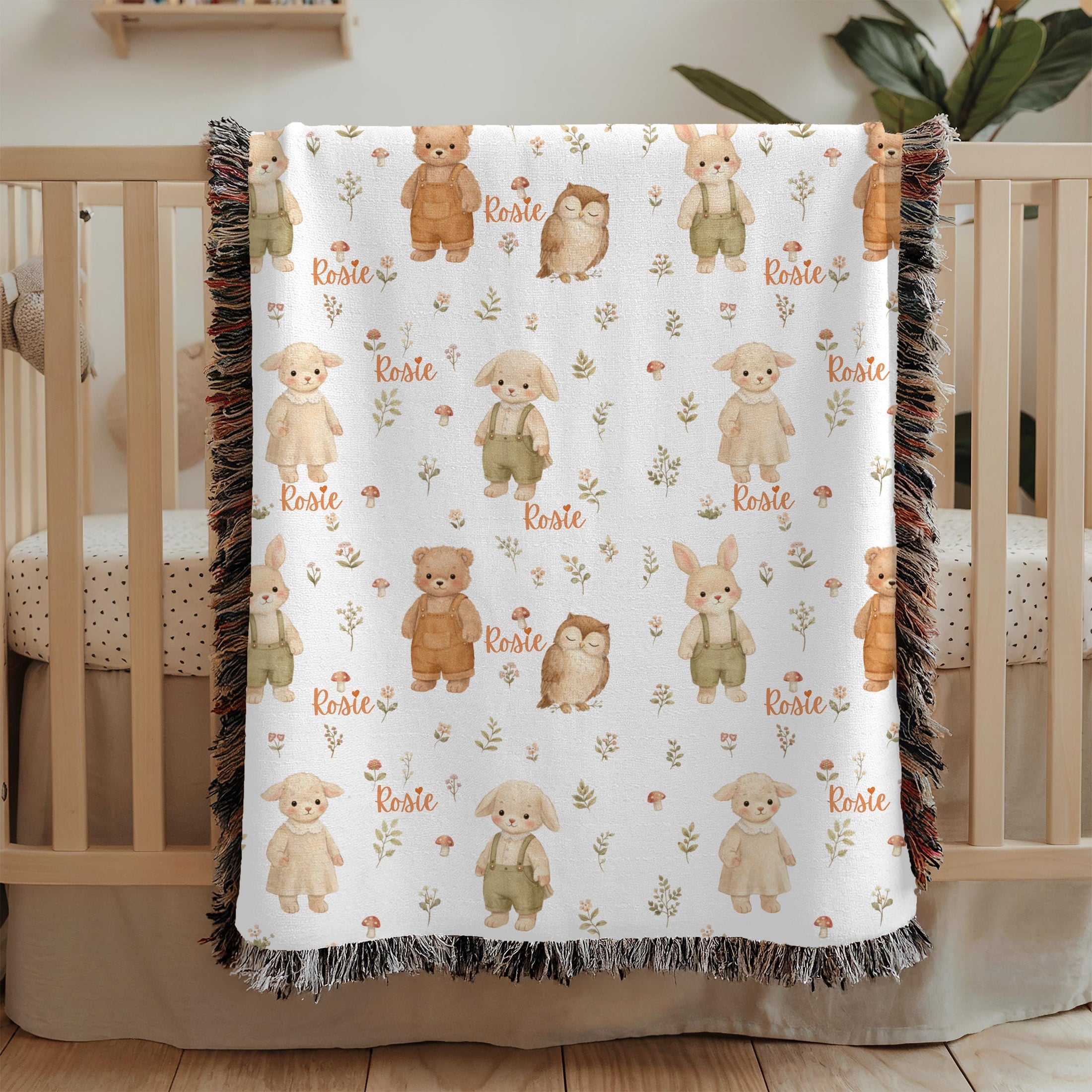 Personalized Woodland Baby Woven Blanket Custom Name Animal Nursery Blanket Bunny Bear Lamb Owl Baby Shower Gift