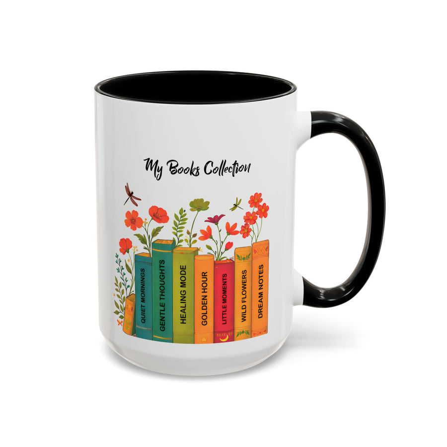 White mug headed My Books Collection, printed with a row of coloured book spines reading Quiet Mornings, Gentle Thoughts, Healing Mode and more, with orange flowers and dragonflies.