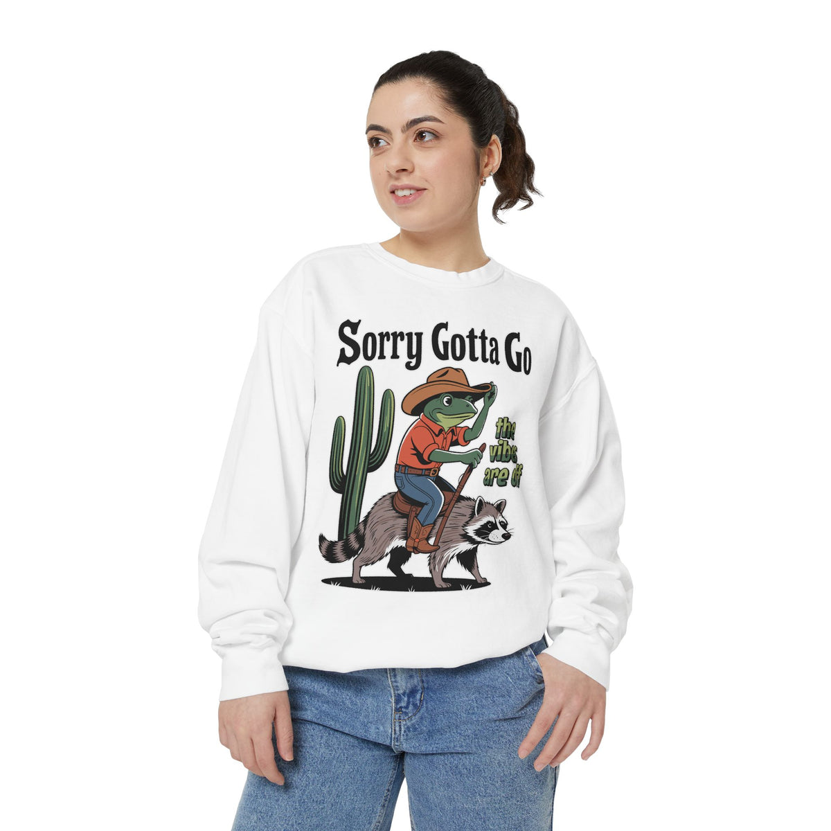 Funny Frog Cowboy Comfort Sweatshirt, Sorry Gotta Go The Vibes Are Off Crewneck, Raccoon Western Meme Comfort Sweatshirt
