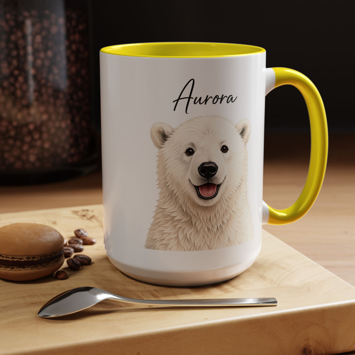 Custom Polar Bear Coffee Mug with Name, Personalized Arctic Animal Gift for Kids, Cute Winter Holiday Ceramic Tea Cup with Orange Handle