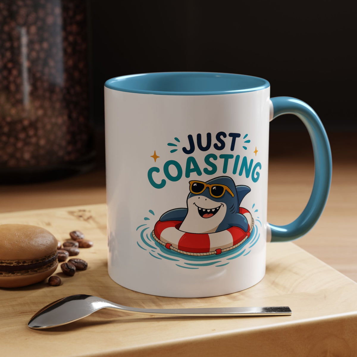 Funny Shark Coffee Mug, Just Coasting Shark Mug, Cute Beach Lover Coffee Cup, Relaxing Summer Vacation Gift for Shark Fans