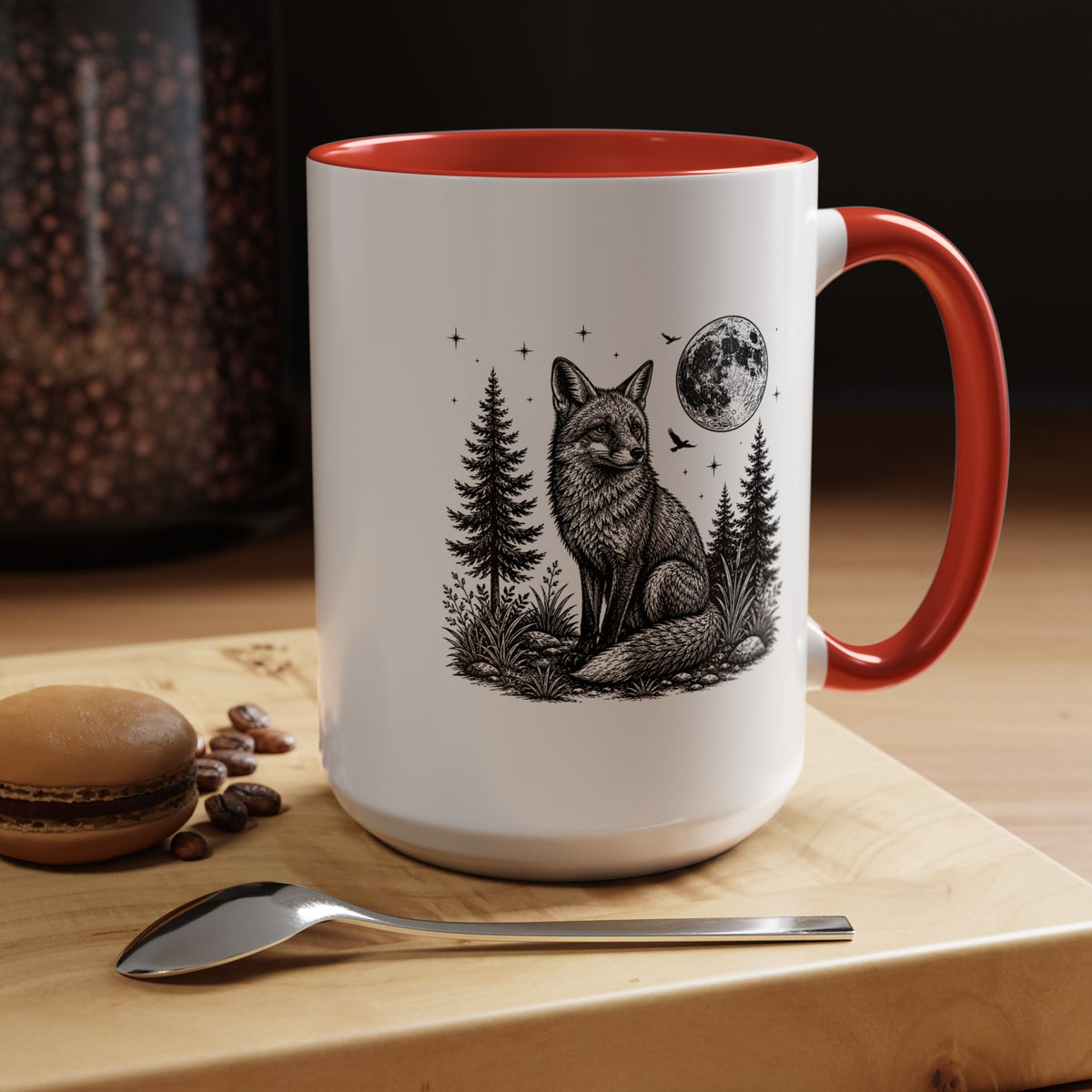 Fox Moon Mug, Black and White Woodland Coffee Cup, Celestial Forest Animal Gift for Fox Lover, Rustic Cabin Decor, Nature Birthday Present