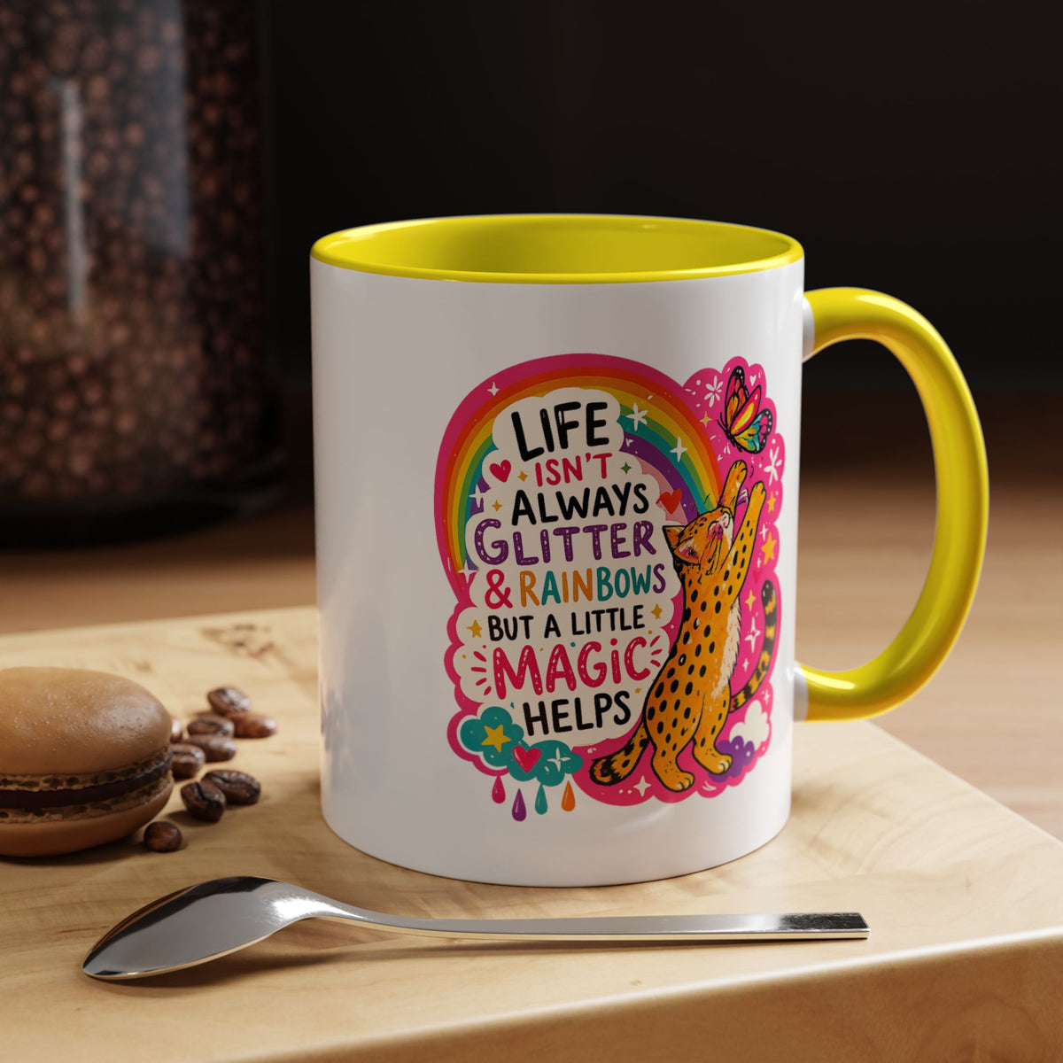 Inspirational Cat Lover Mug, Life Isn't Always Glitter and Rainbows But A Little Magic Helps Coffee Mug, Cute Rainbow Cat Gift