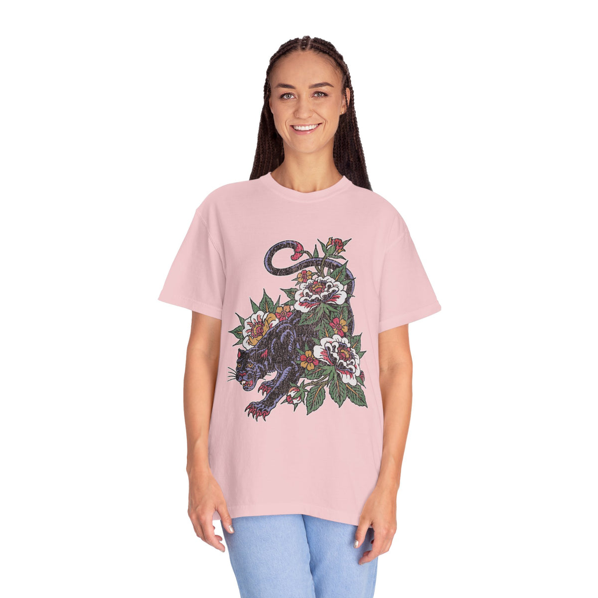 Traditional Panther Graphic Shirt, Floral Tattoo T-Shirt for Men and Women, Old School Big Cat Tee, Alternative Art Gift for Tattoo Fans