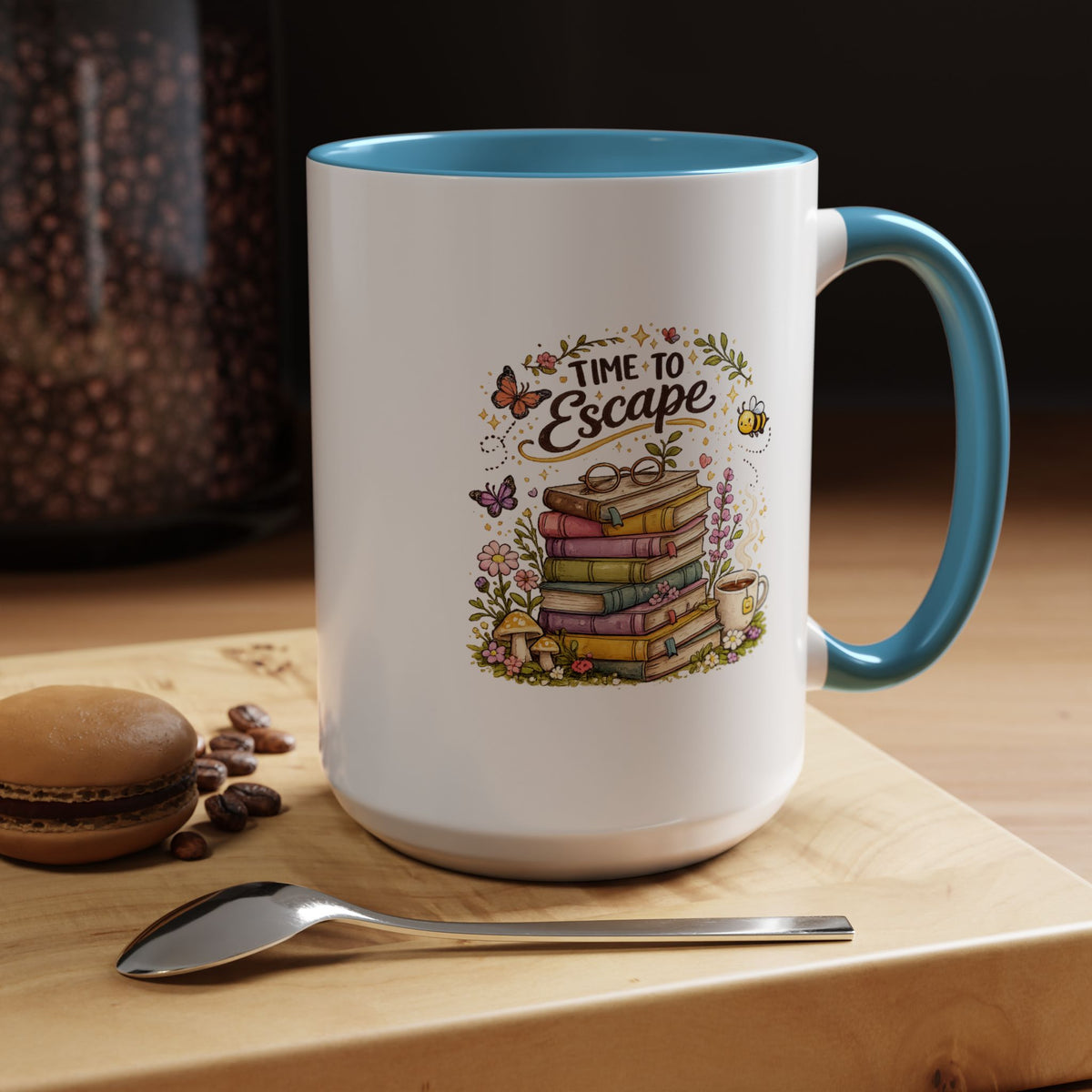 Book Lover Coffee Mug, Time to Escape Black Accent Cup with Books and Tea, Unique Cozy Gift for Reader, Librarian, Teacher or Bookworm