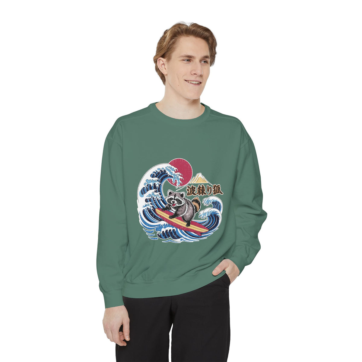 Japanese Surfing Raccoon Sweatshirt, Retro Wave Graphic Crewneck, Funny Animal Surfer Gift, Japan Inspired Beachwear Cozy Pullover