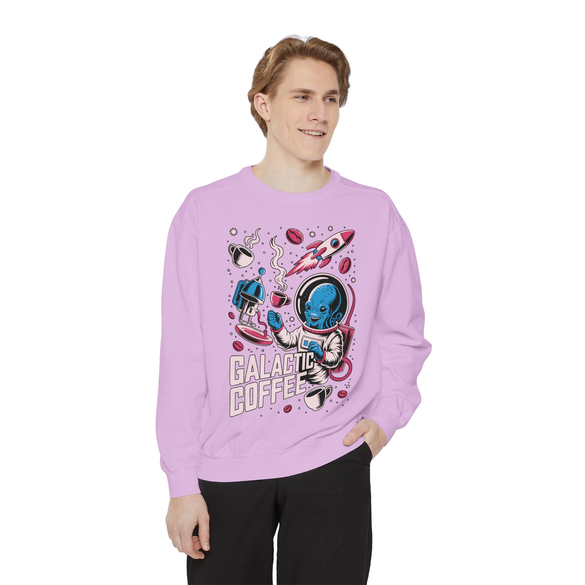 Galactic Coffee Comfort Colors Sweatshirt, Funny Alien Coffee Lover Shirt, Space Nerd Sweatshirt, Sci Fi Gift for Coffee Fans