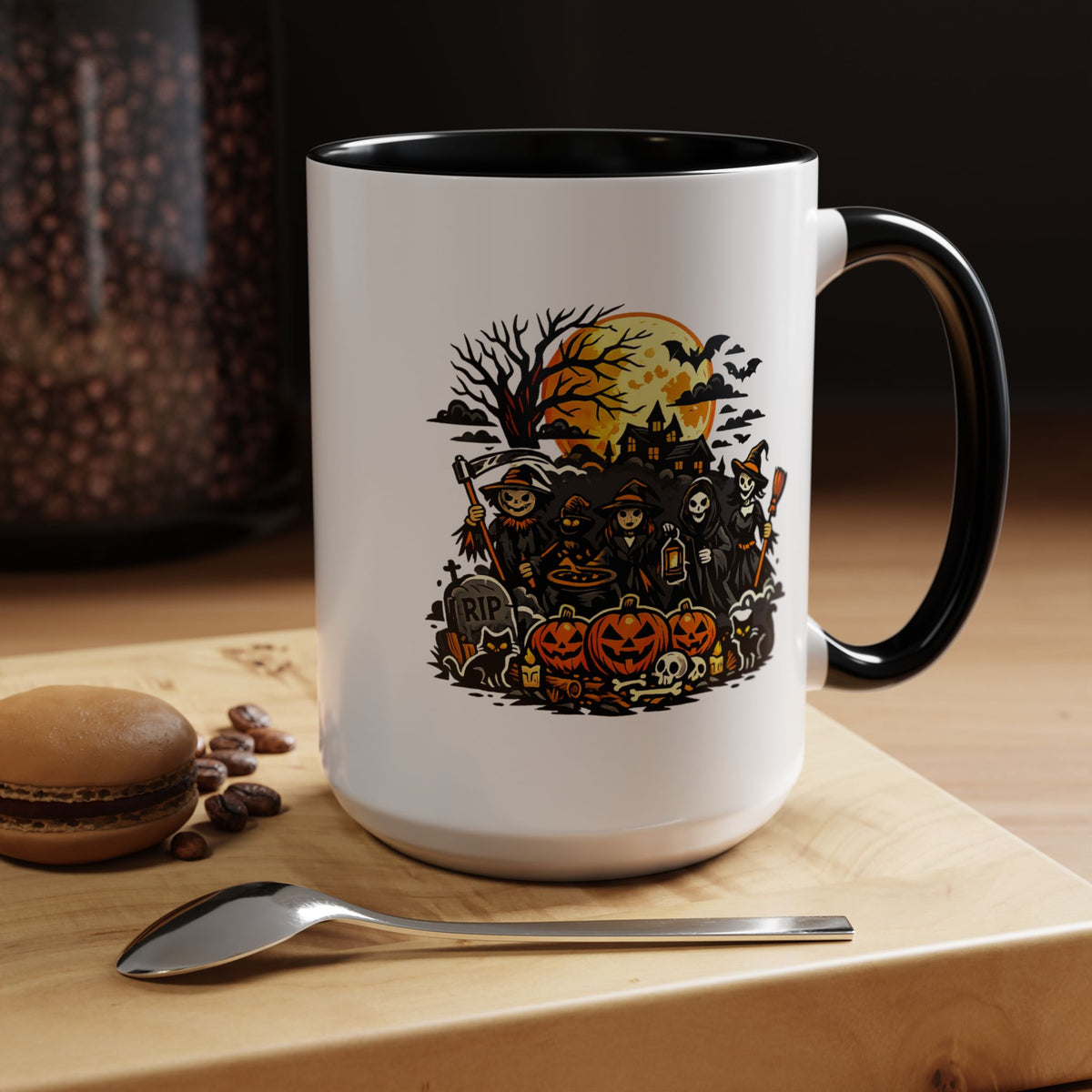 Halloween Witch Coffee Mug, Spooky Reaper and Pumpkin Cup, Gothic Horror Gift for Halloween Lover, Haunted House October Drinkware