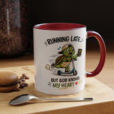 Christian Turtle Coffee Mug, Running Late But God Knows My Heart Mug, Funny Faith Based Mug, Christian Gift for Friends, Bible Lover Cup