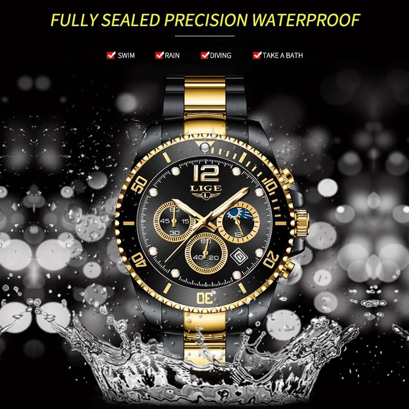 Men's gold-tone chronograph watch with blue dial and stainless steel bracelet