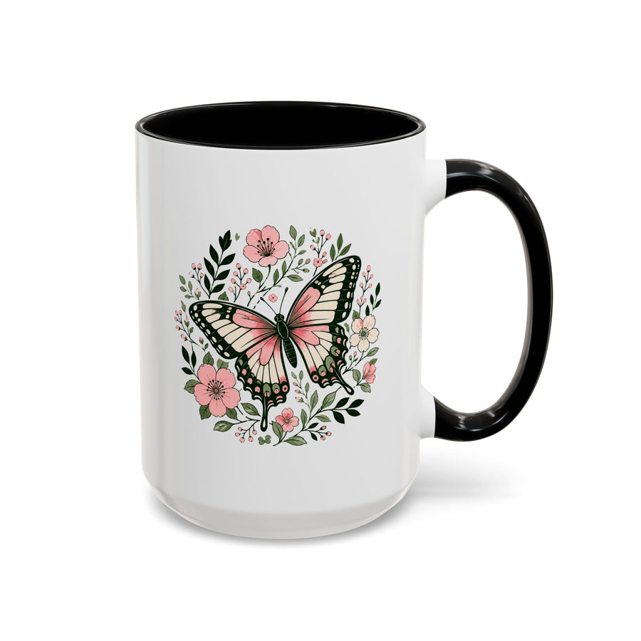Floral Butterfly Mug, Pink Botanical Coffee Cup, Cottagecore Nature Lover Gift, Garden Kitchen Decor, Birthday Present for Her or Mom