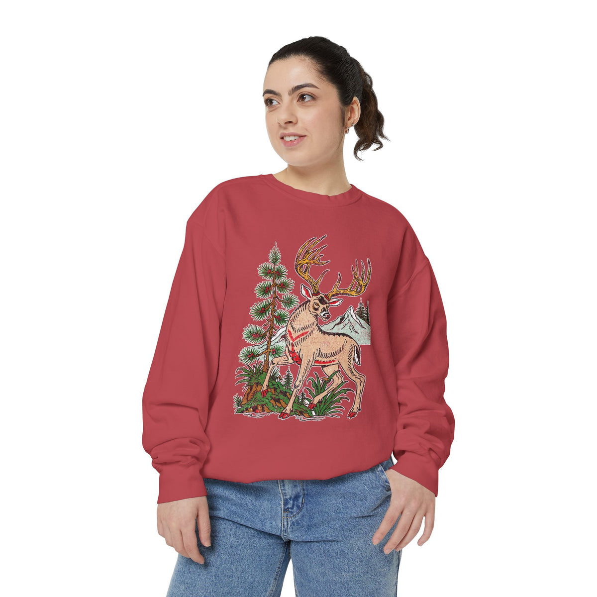 Woodland Deer Sweatshirt, Rustic Stag and Mountain Graphic, Gift for Wildlife Lovers and Hikers, Forest Inspired Cabin Weekend Clothing