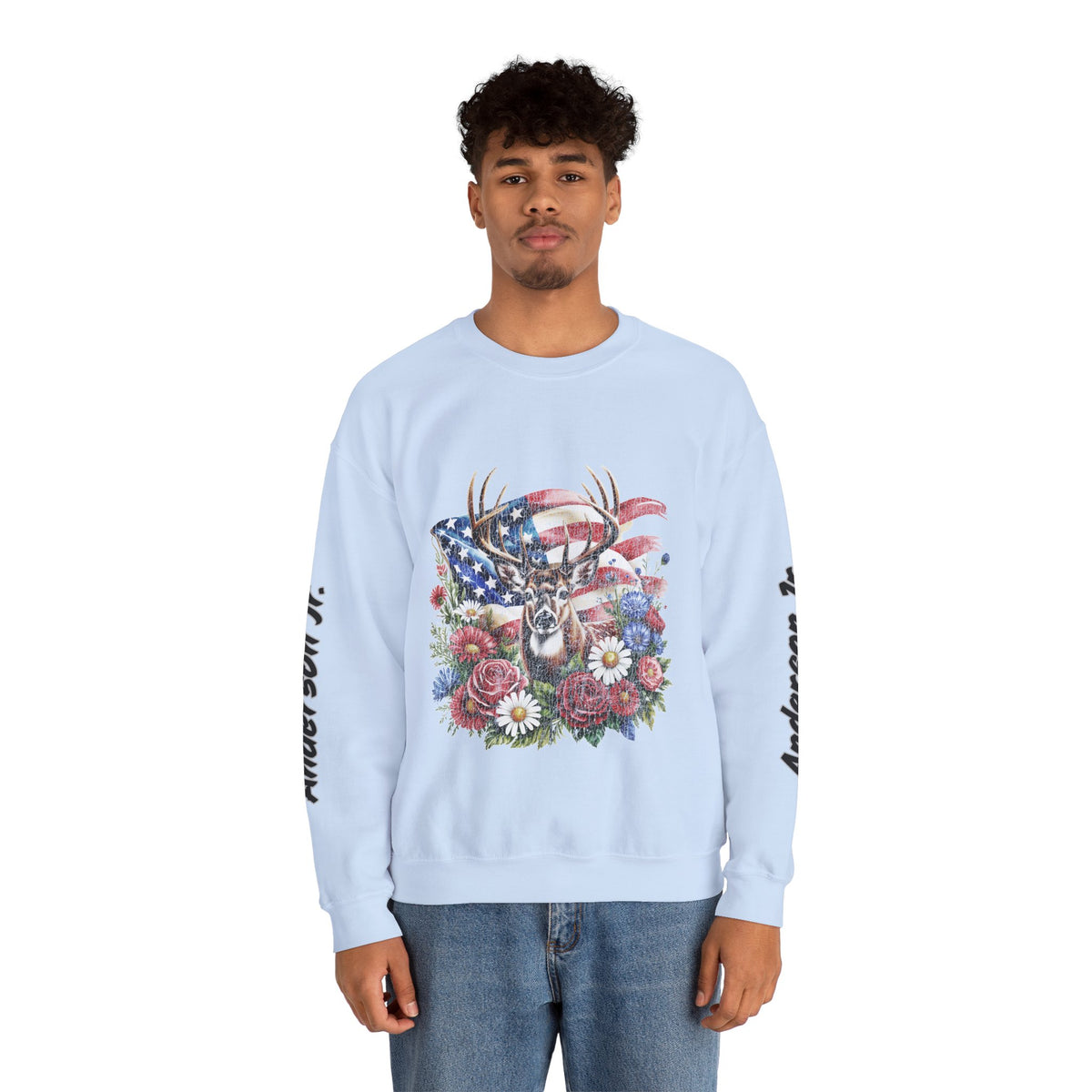 Personalized Hunting Family Sweatshirt, Custom Deer Patriotic Pullover, American Flag Floral Crewneck, Family Gift, Outdoorsman Shirt