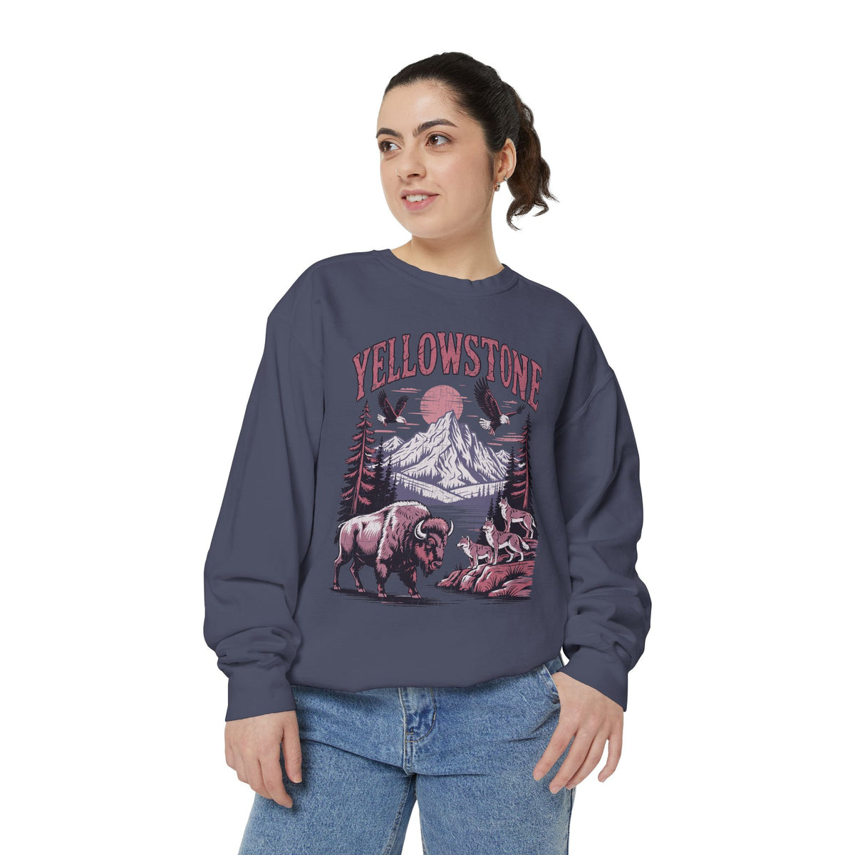 Yellowstone Wildlife Sweatshirt, Bison Wolf Eagle Mountain Crewneck, National Park Lover Gift, Western Nature Graphic Cozy Pullover