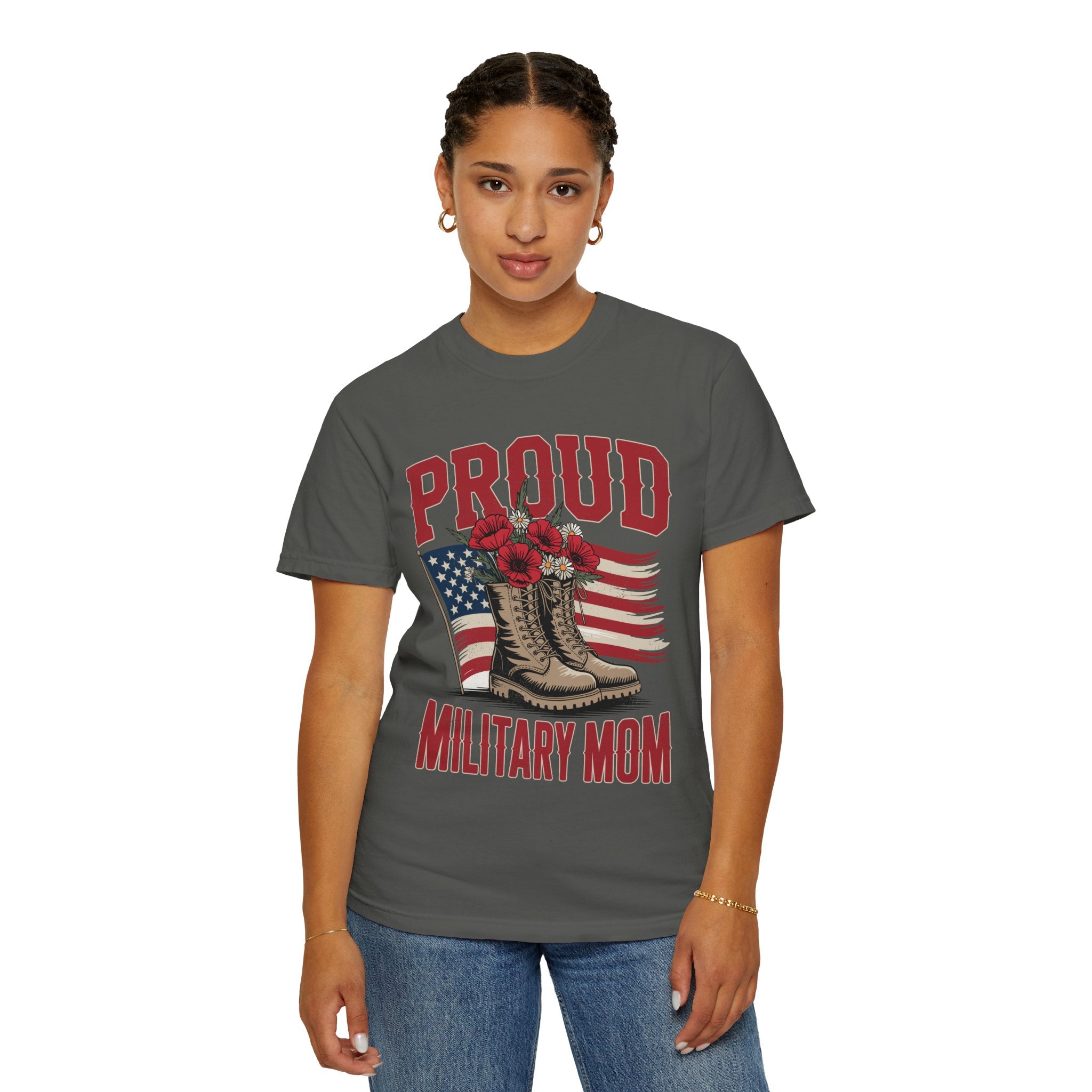 Proud Military Mom Shirt, Patriotic Army Mom T Shirt, Boots and Flowers Graphic Tee, American Flag Family Support Gift
