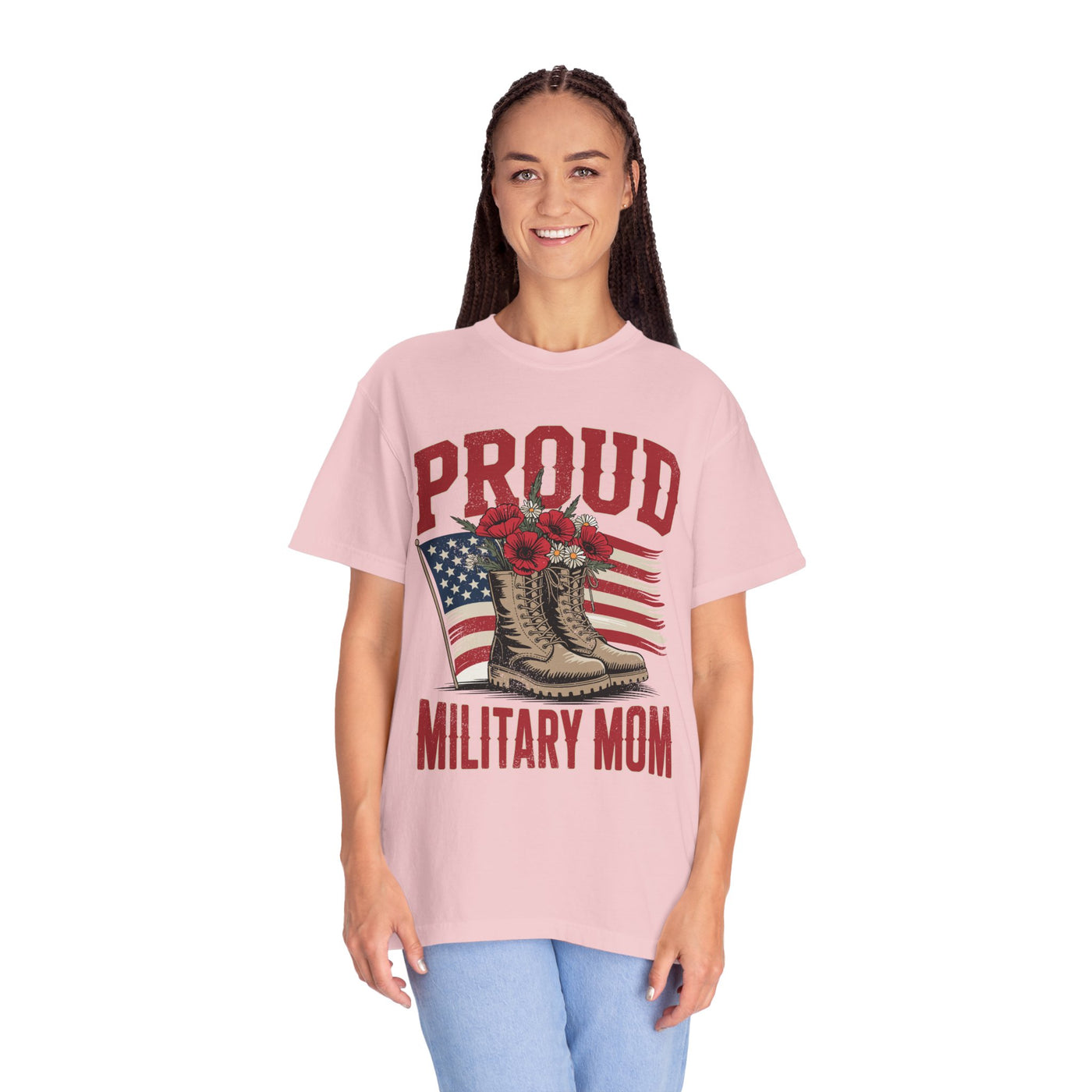 Proud Military Mom Shirt, Patriotic Army Mom T Shirt, Boots and Flowers Graphic Tee, American Flag Family Support Gift