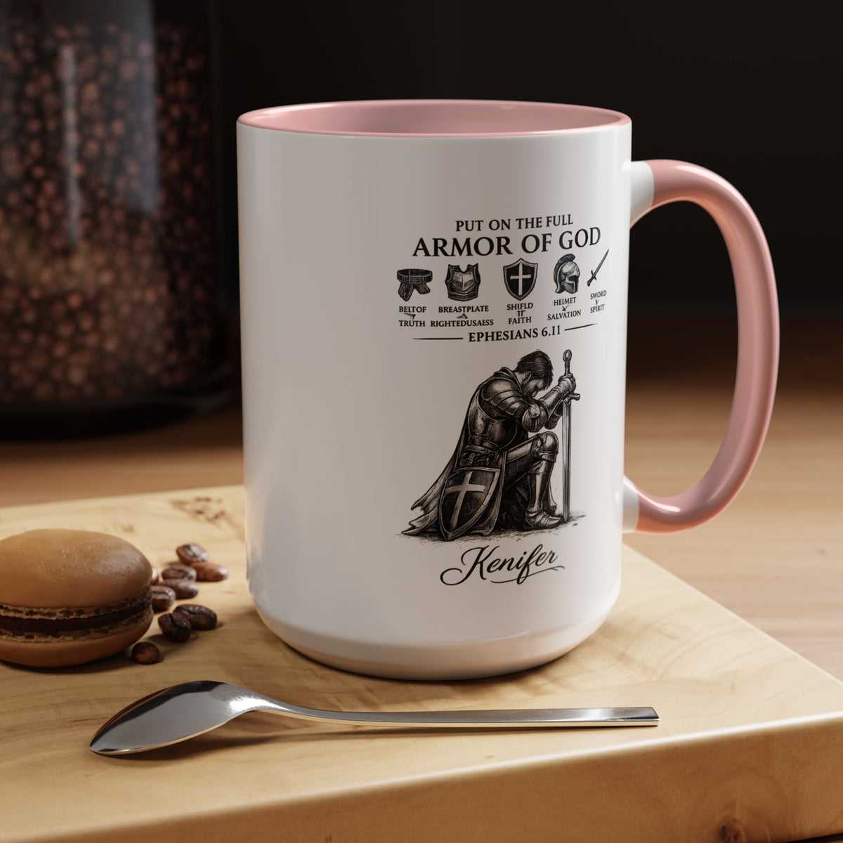 Full Armor of God Coffee Mug with Name, Personalized Christian Knight Gift for Men, Inspirational Scripture Ceramic Tea Cup, Religious Faith Present