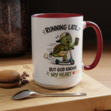 Christian Turtle Coffee Mug, Running Late But God Knows My Heart Mug, Funny Faith Based Mug, Christian Gift for Friends, Bible Lover Cup