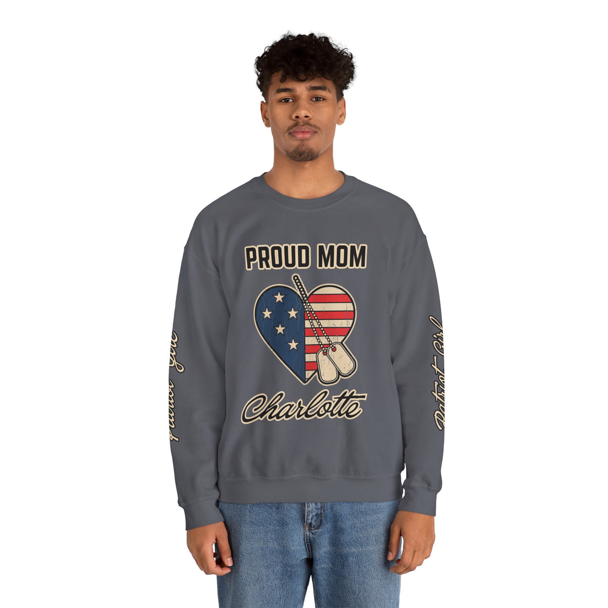 Personalized Proud Mom Sweatshirt, Custom Military Mom Pullover, American Flag Heart Crewneck, Military Mom Gift, Patriotic Mother Shirt