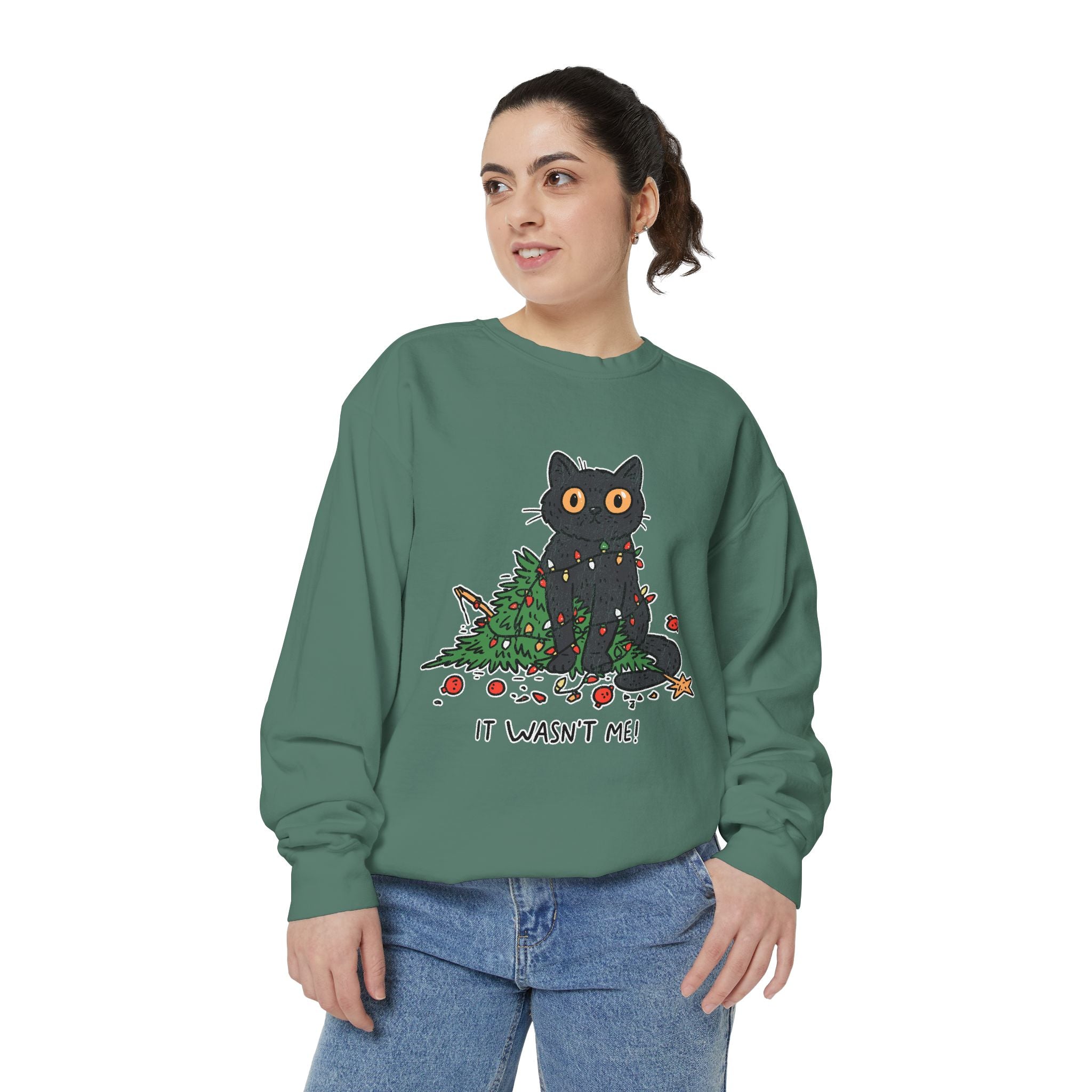It Wasn't Me Black Cat Christmas Sweatshirt, Funny Holiday Crewneck, Mischievous Kitty Lights Pullover, Gift for Cat Mom or Cat Dad