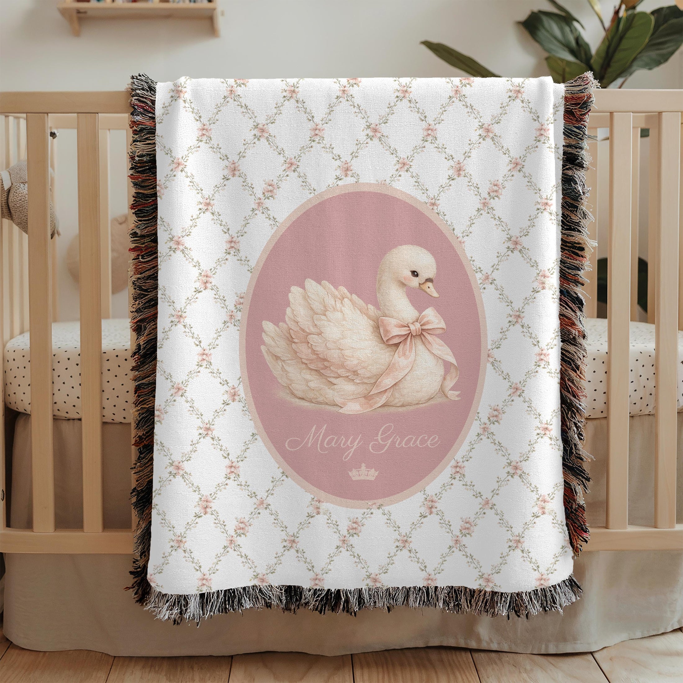 Personalized Swan Baby Woven Blanket Princess Nursery Blanket Custom Name Baby Girl Blanket Baby Shower Gift Nursery Decor