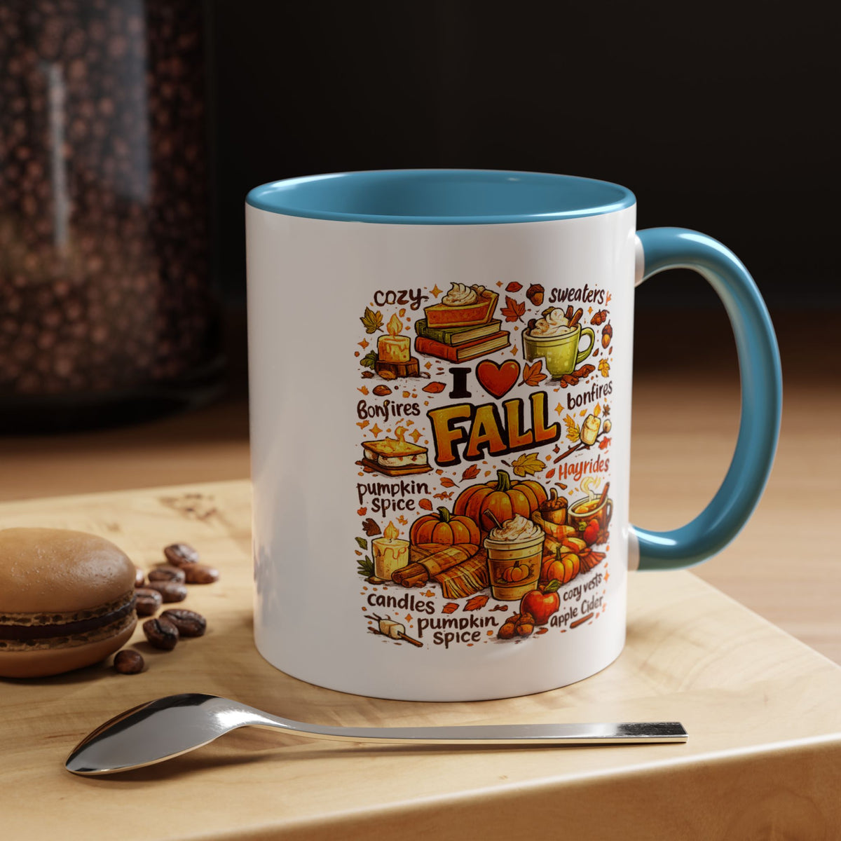 I Love Fall Coffee Mug, Cozy Autumn Pumpkin Spice Cup, Gift for Fall Lover, Book Reader, Teacher or Mom, Thanksgiving Kitchen Decor